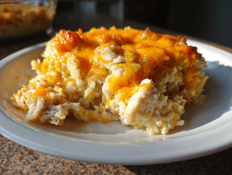 A close-up serving of cheesy chicken and rice casserole topped with melted cheddar cheese.