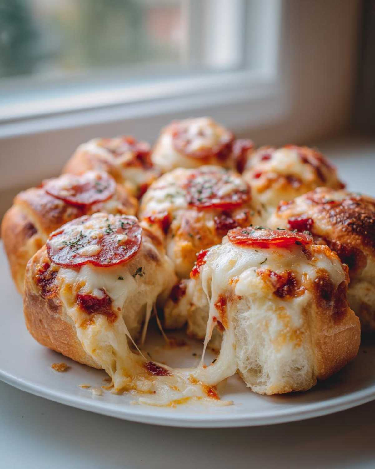Close-up of gooey pizza sliders featuring melted cheese pull, pepperoni, and herbs on a white plate.
