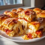 A plate of baked pizza sliders showing an extreme cheese pull between two halves, filled with pepperoni and melted mozzarella.