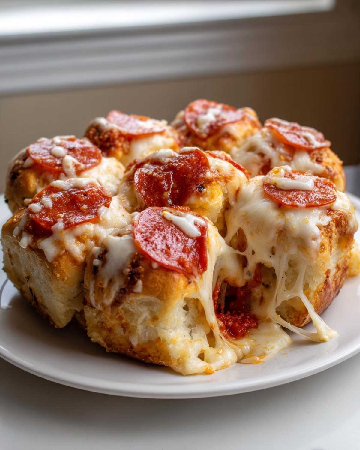 Close-up of baked pizza sliders topped with pepperoni and melted cheese, showing a dramatic cheese pull.