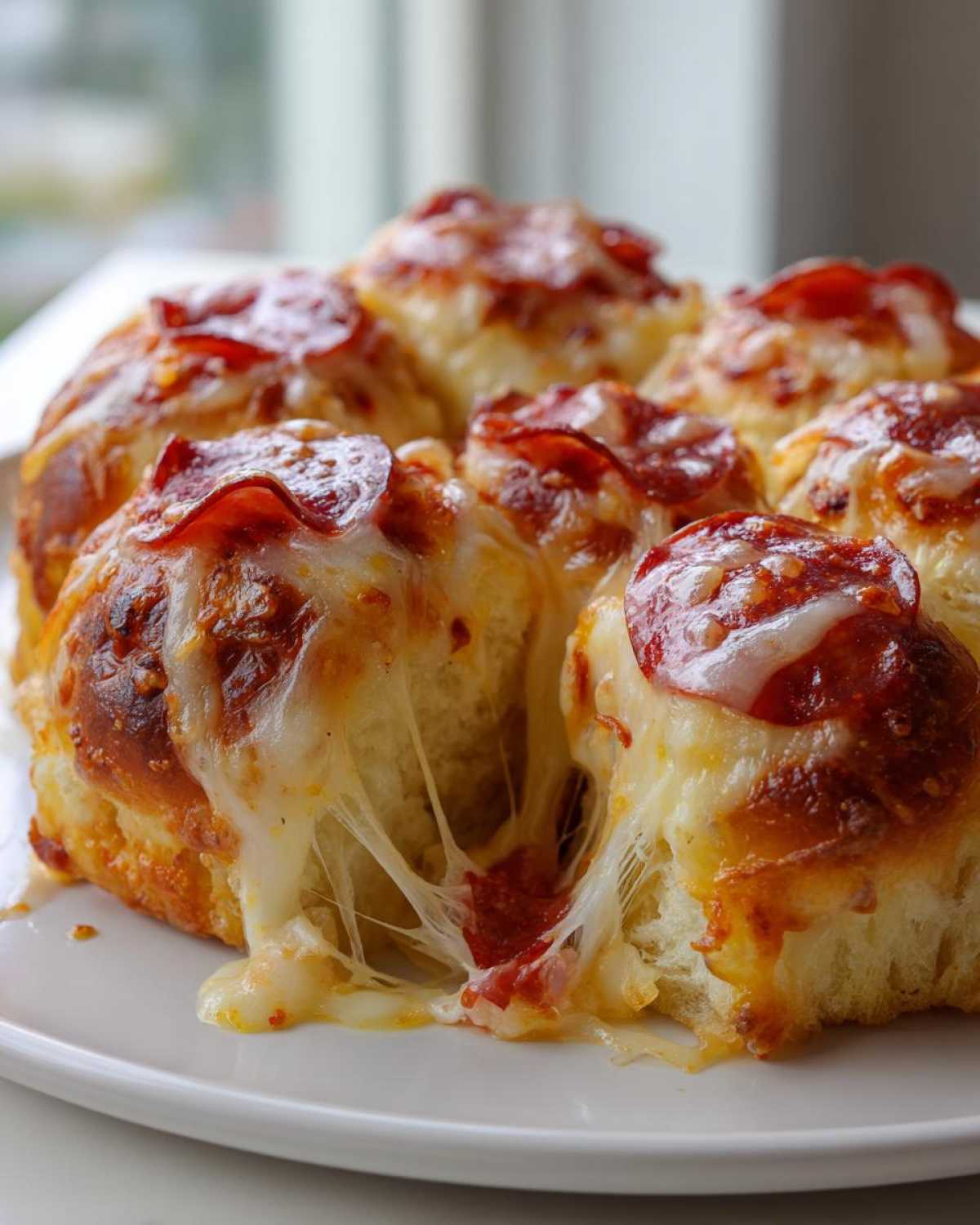 Close-up of cheesy, gooey pizza sliders with pepperoni, showing a dramatic cheese pull.