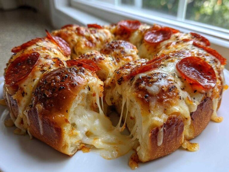Close-up of cheesy pepperoni pizza sliders baked together, showing a dramatic cheese pull.