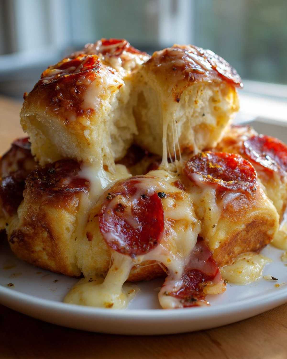 Close-up of cheesy pepperoni pizza sliders being pulled apart, showing melted cheese strings.
