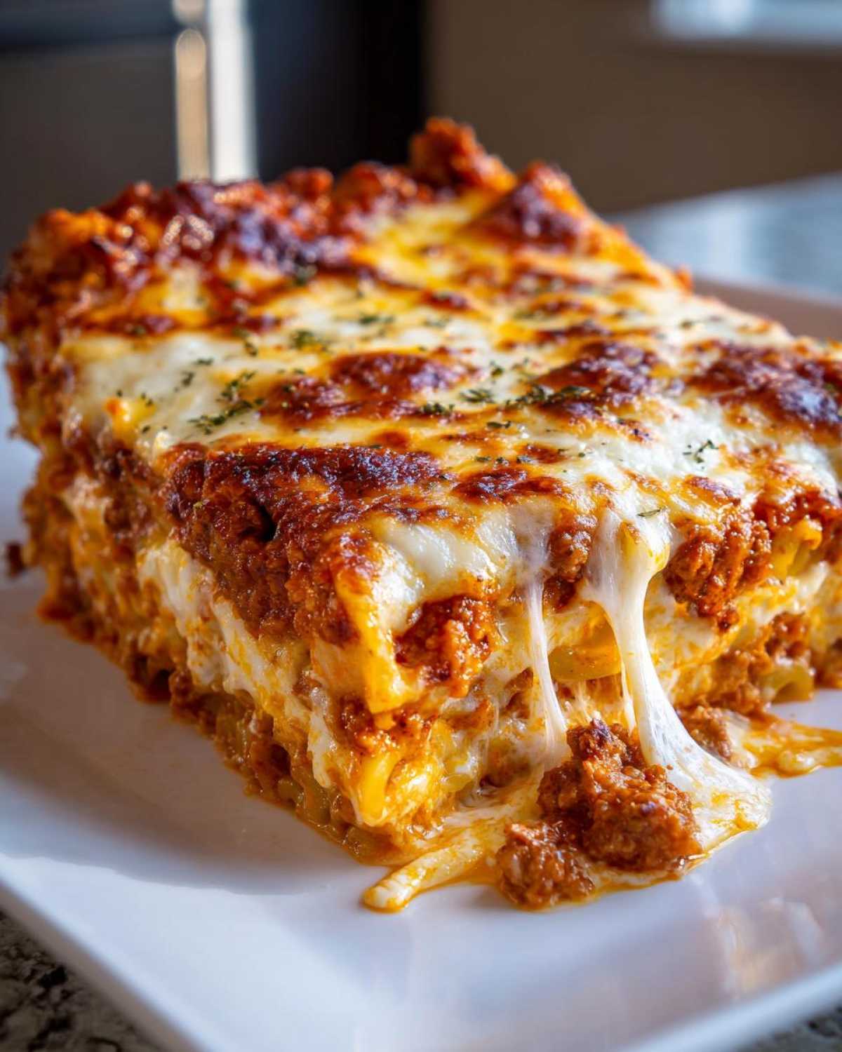 Close-up of a rich, cheesy slice of pasta bake with melted mozzarella stretching out.