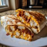 Close-up of a grilled chicken bacon ranch wrap cut in half, showing melted cheese, chicken pieces, and bacon bits.