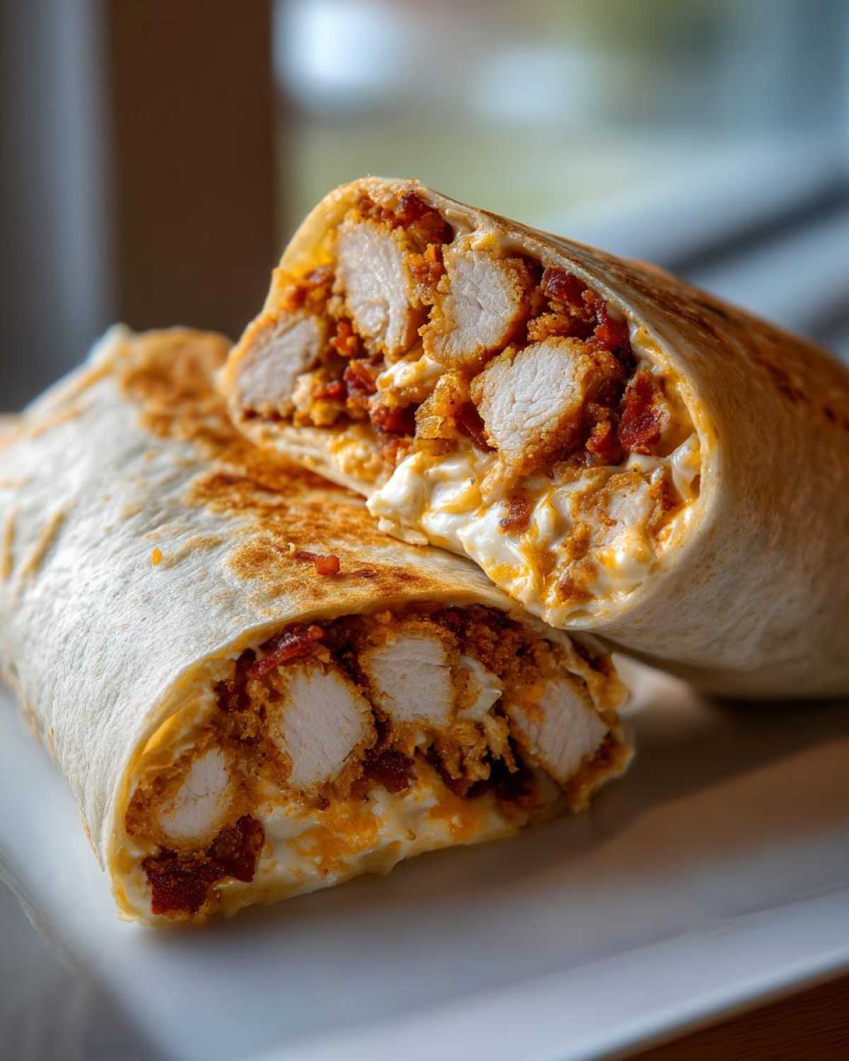 Cross-section view of a grilled chicken bacon ranch wrap stuffed with crispy chicken pieces, bacon bits, and creamy ranch sauce.