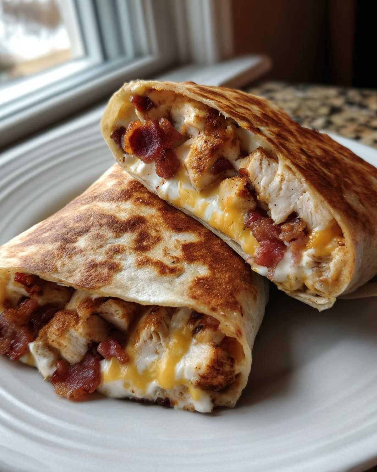 A grilled chicken bacon ranch wrap cut in half, showing seasoned chicken, bacon, and melted cheese.