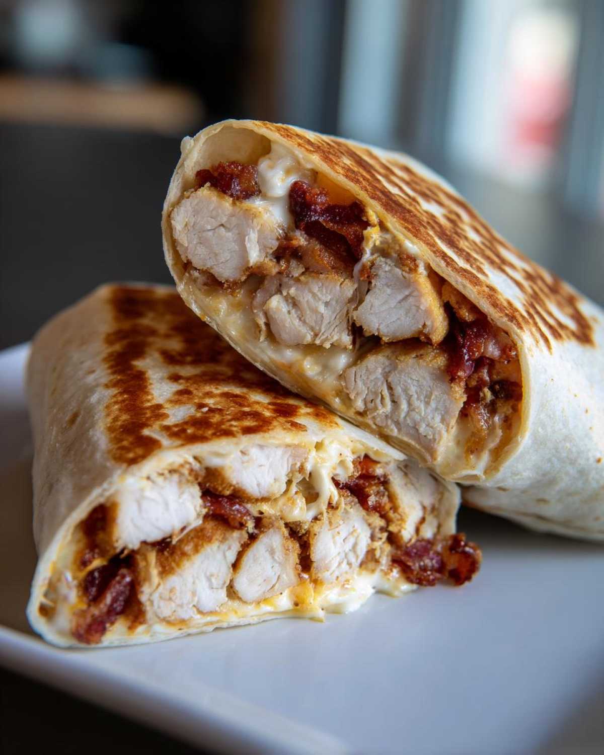 Close-up of a grilled chicken bacon ranch wrap cut in half, showing chunks of chicken, bacon, and creamy ranch sauce.