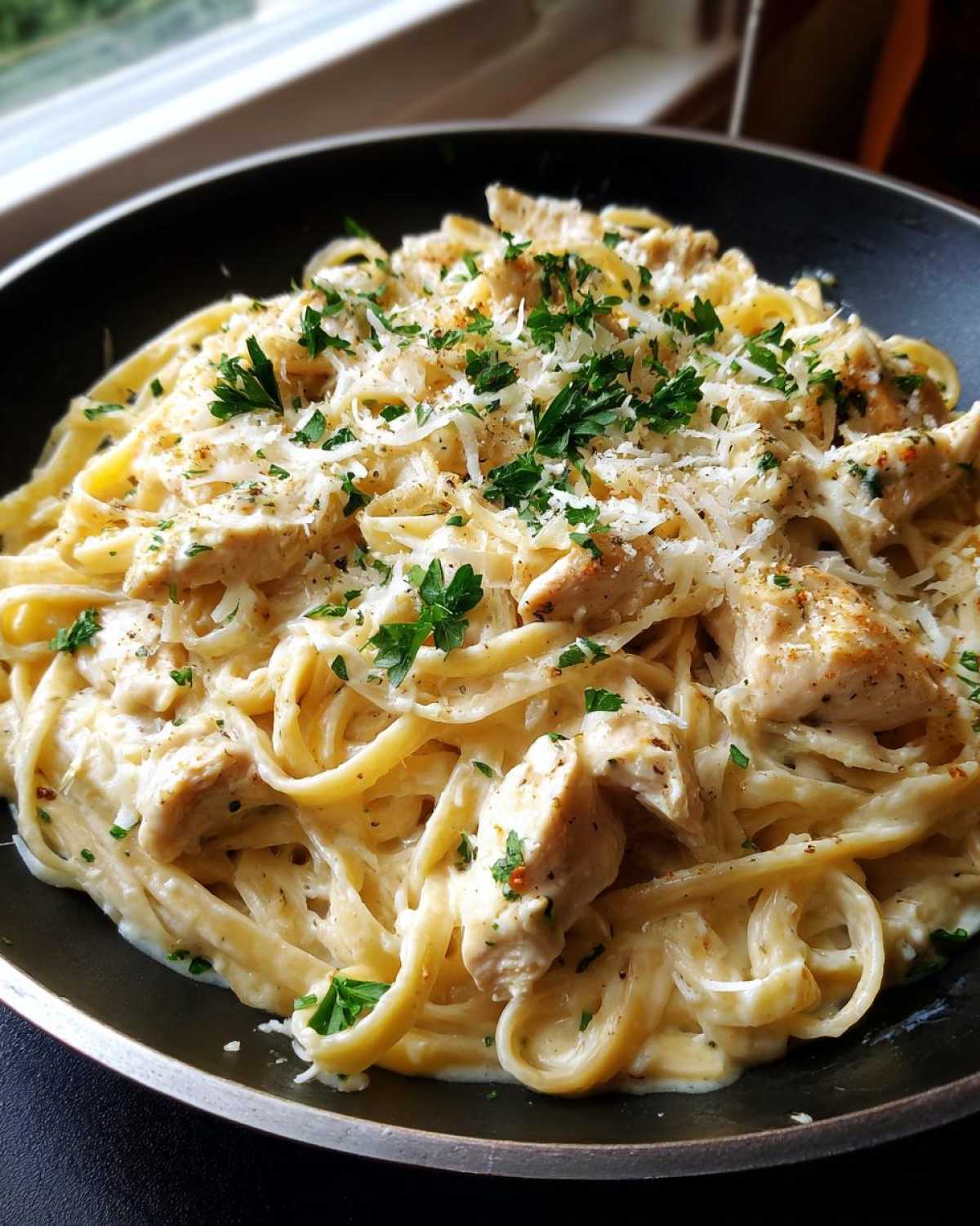 Close-up of creamy chicken fettuccine alfredo topped with grated Parmesan and fresh parsley.