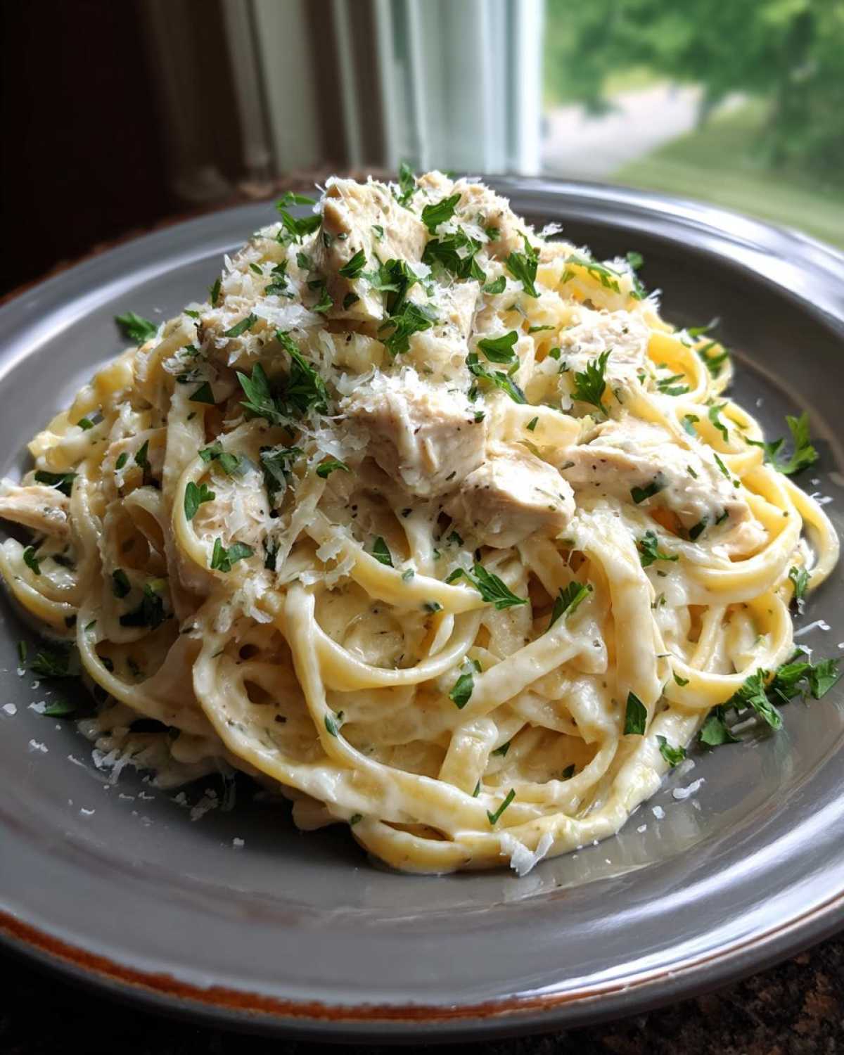 A close-up of a generous serving of chicken fettuccine alfredo pasta, topped with diced chicken, parmesan, and fresh parsley.