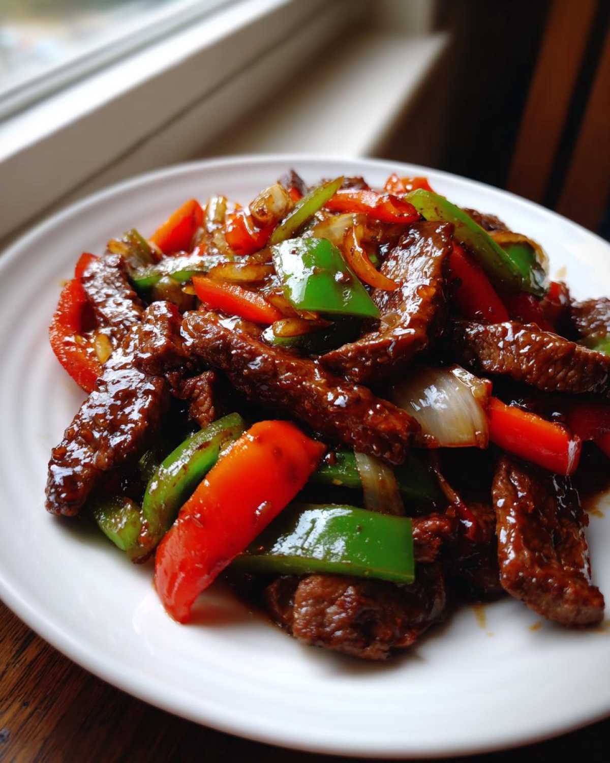 Close-up of glossy Chinese pepper steak stir-fry with bright red and green bell peppers and onions.