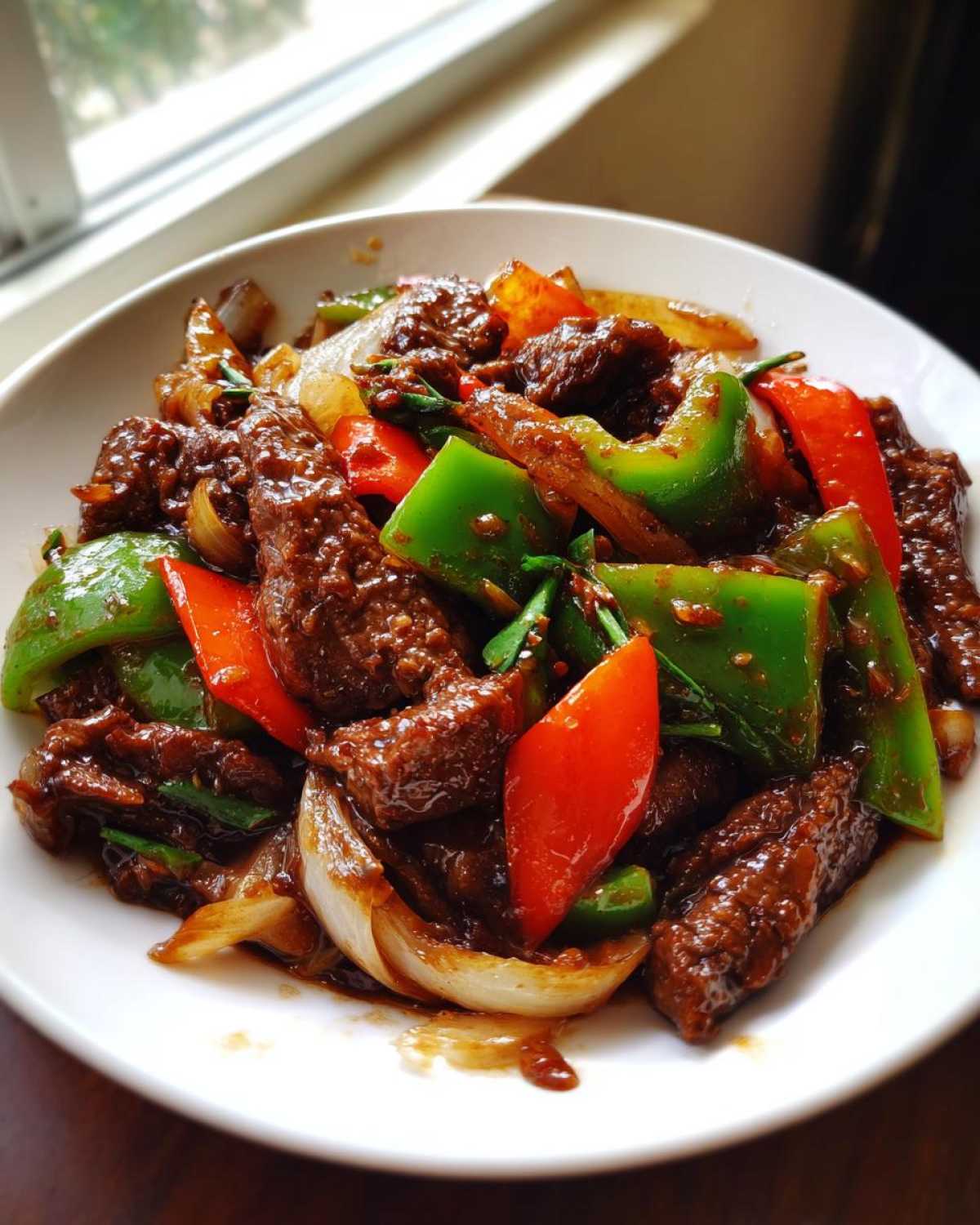 A close-up of glossy, saucy chinese pepper steak mixed with bright green and red bell peppers and onions served in a white bowl.