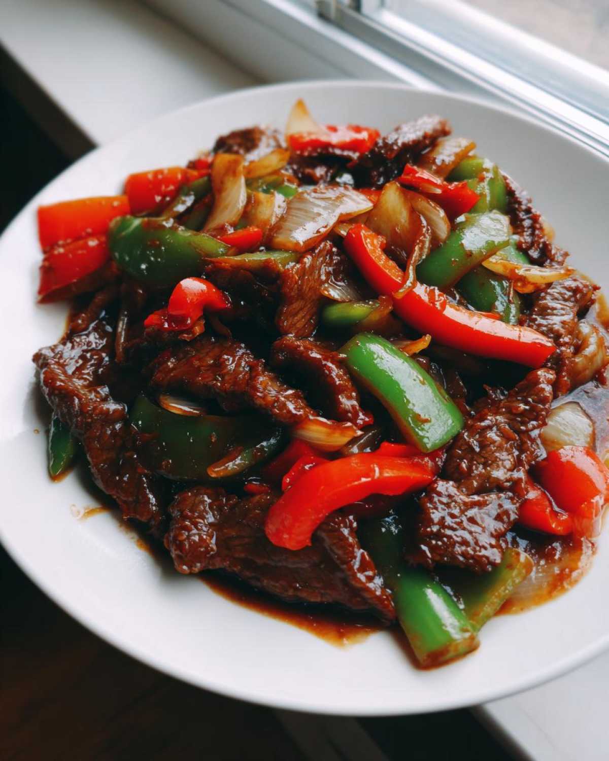 Close-up of glossy Chinese pepper steak stir-fry with red and green peppers and onions.