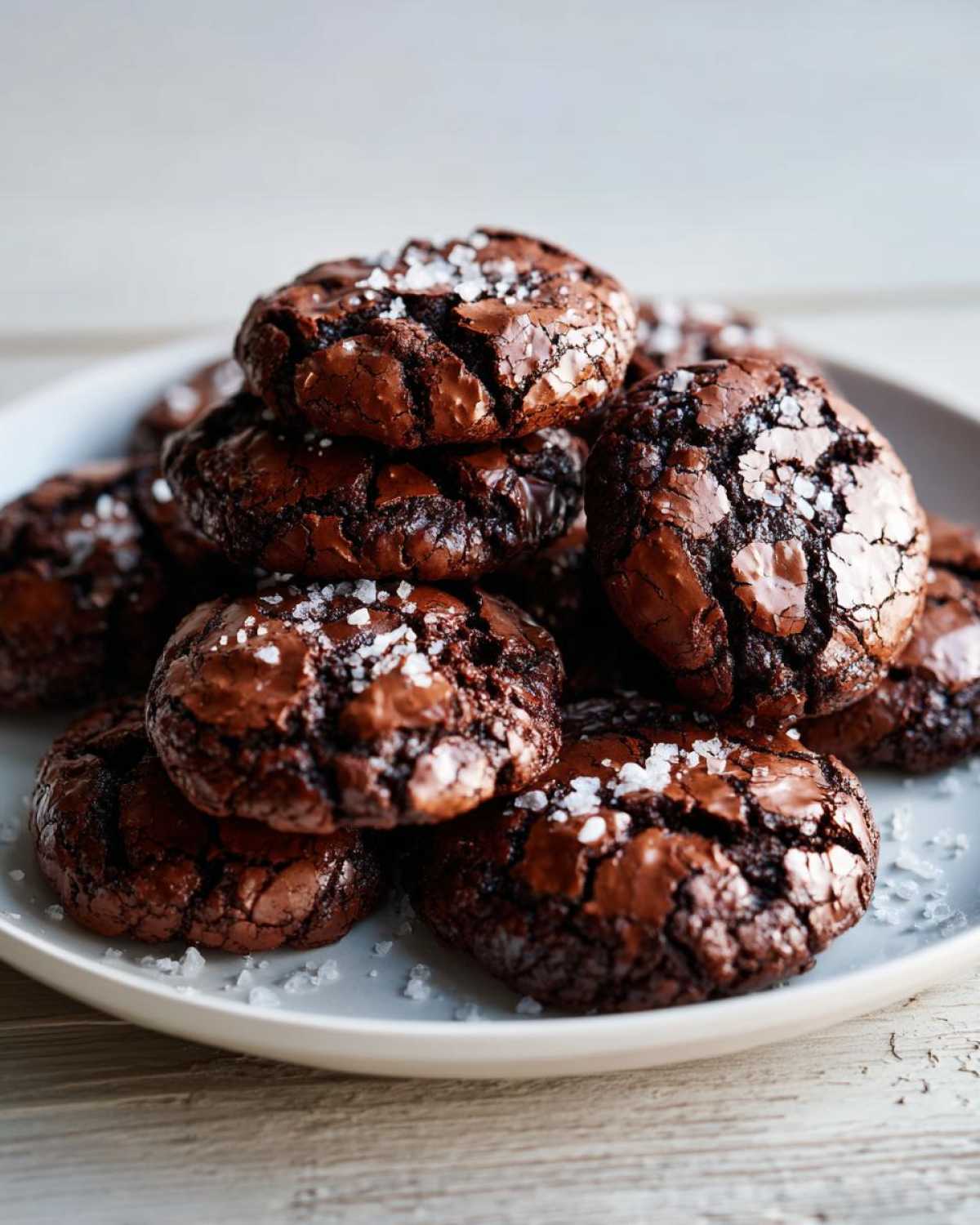 A stack of rich, dark chocolate brownie cookies topped with flaky sea salt.
