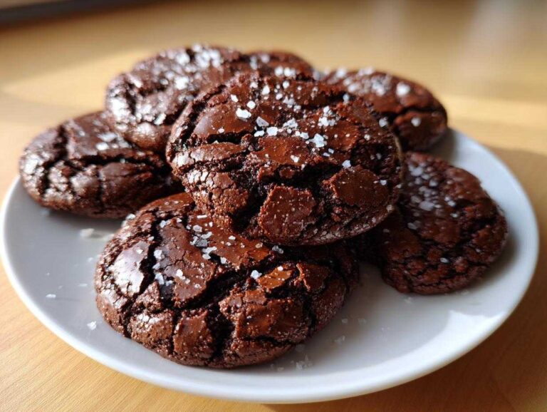 A stack of fudgy chocolate brownie cookies topped with flaky sea salt on a white plate.