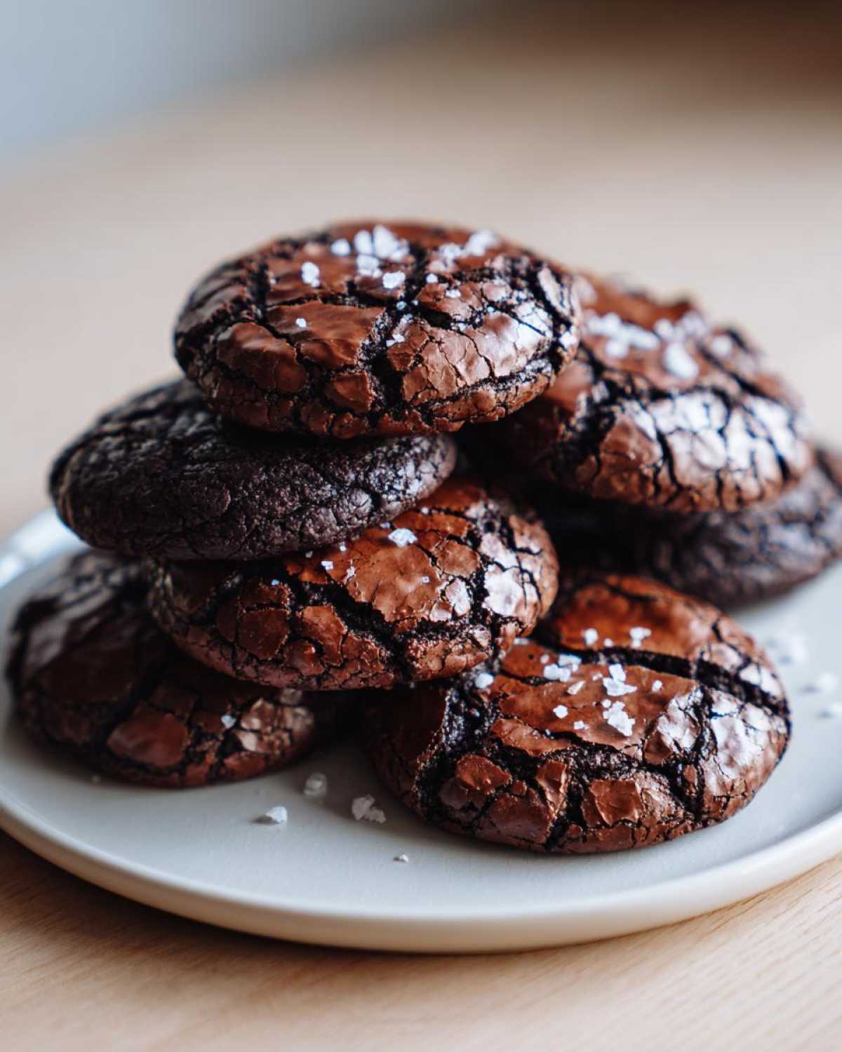 A stack of rich, fudgy chocolate brownie cookies topped with flaky sea salt on a light plate.