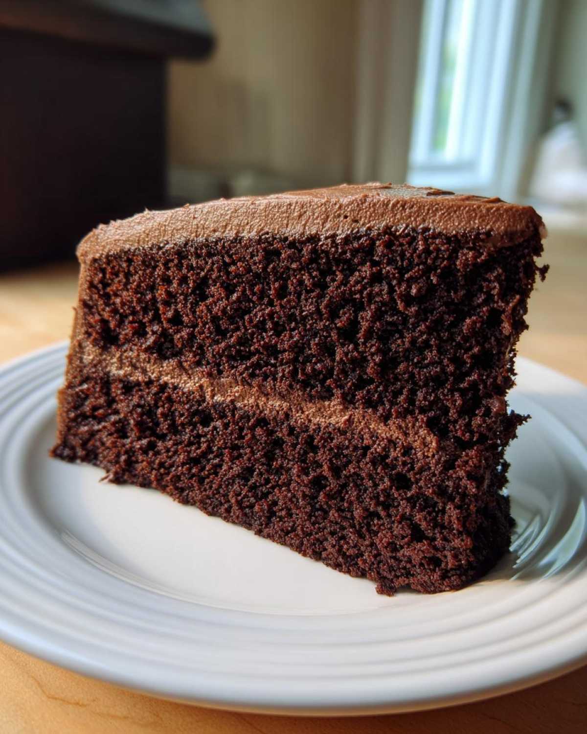 A thick slice of rich, dark chocolate cake recipe with creamy chocolate frosting layers on a white plate.