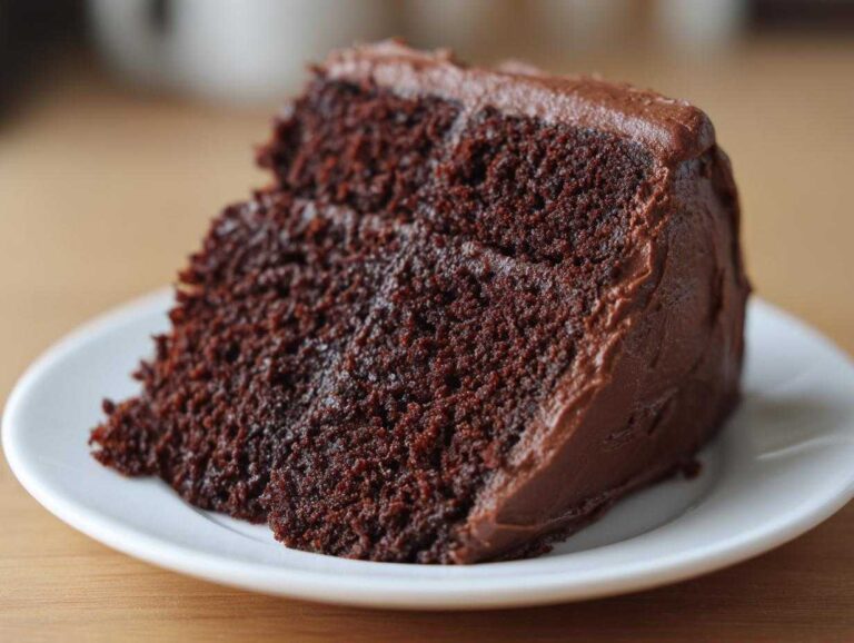 Close-up of a moist, dark slice of chocolate cake recipe covered in thick chocolate frosting on a white plate.