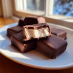 A stack of chocolate-covered cool whip candy bites, with one piece broken open showing the creamy white filling.