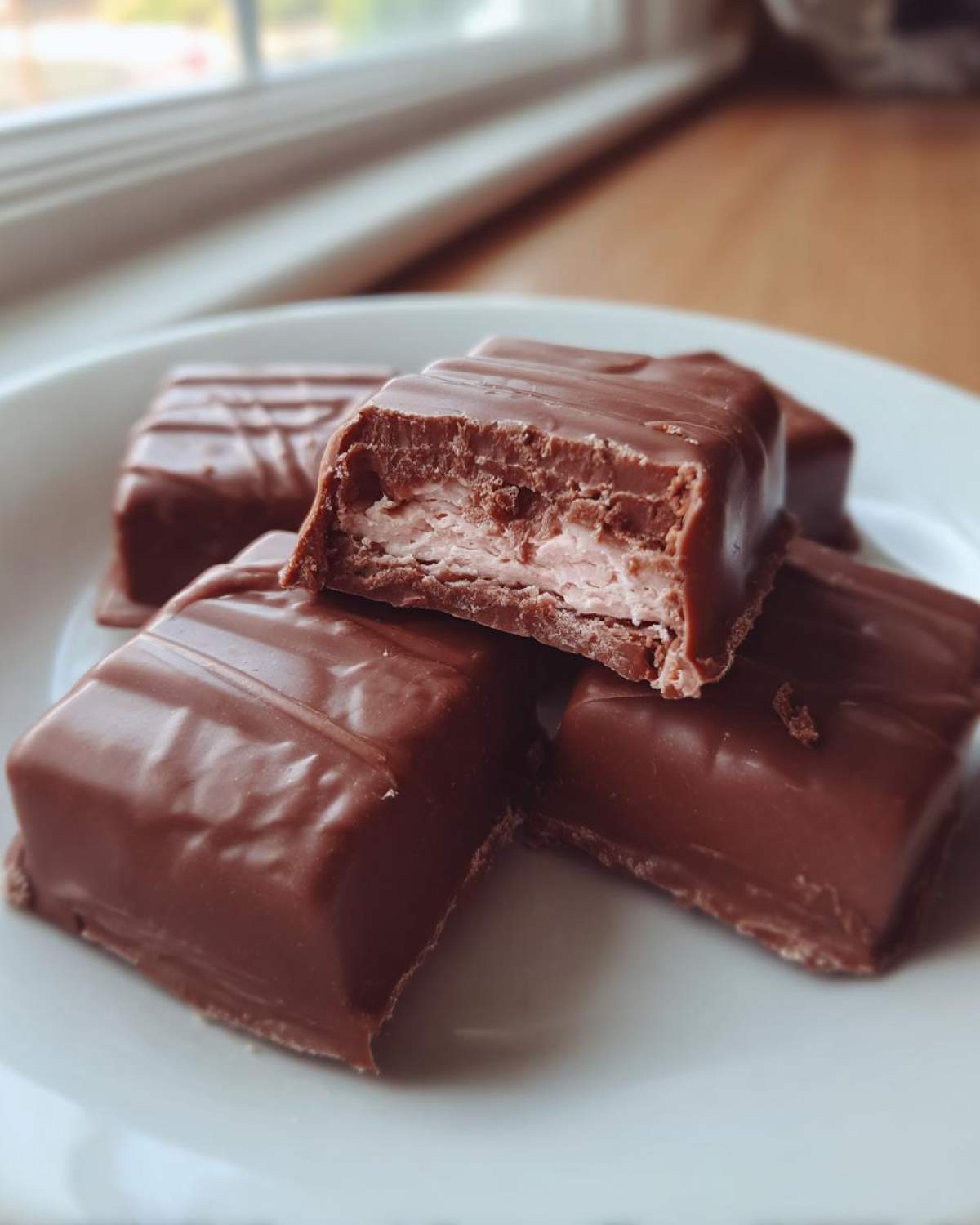 Close-up of chocolate-covered cool whip candy pieces, one cut open showing the pink filling.