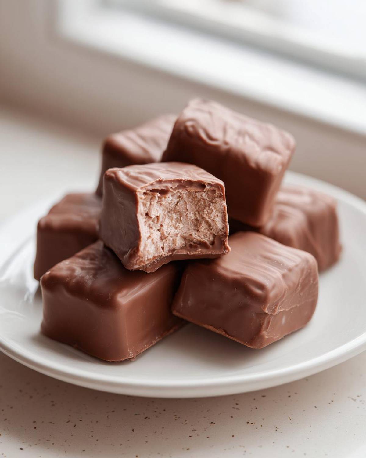 A pile of homemade chocolate-covered cool whip candy pieces, one bitten open to show the creamy interior.