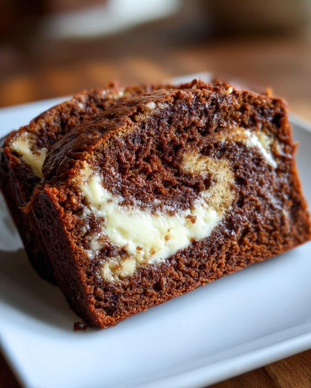 Close-up of two slices of rich chocolate cream cheese banana bread showing a thick, creamy white swirl filling.