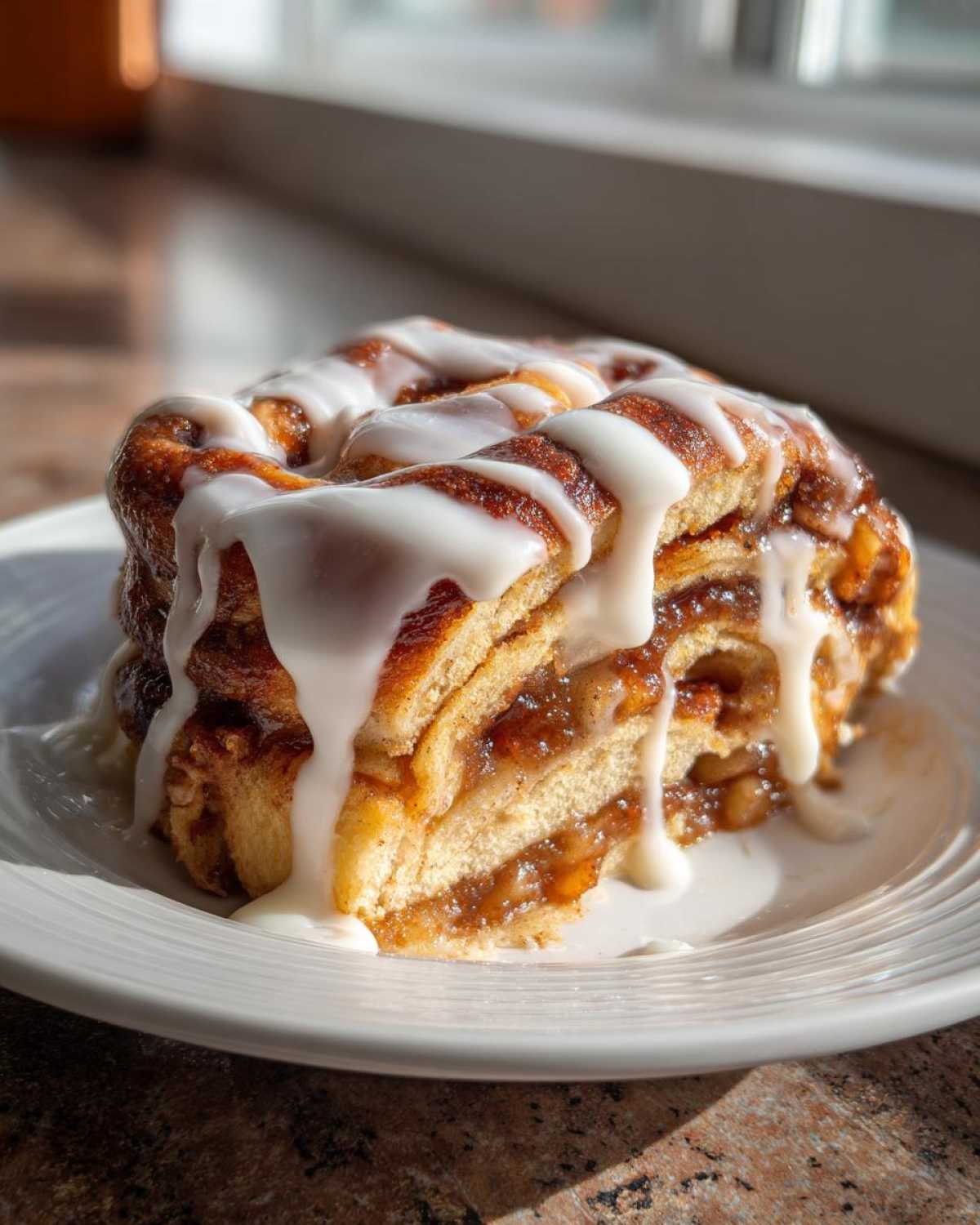 Close-up of a single serving of cinnamon roll apple pie topped with thick white icing.