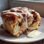 A close-up of a single serving of cinnamon roll apple pie, heavily drizzled with white icing.