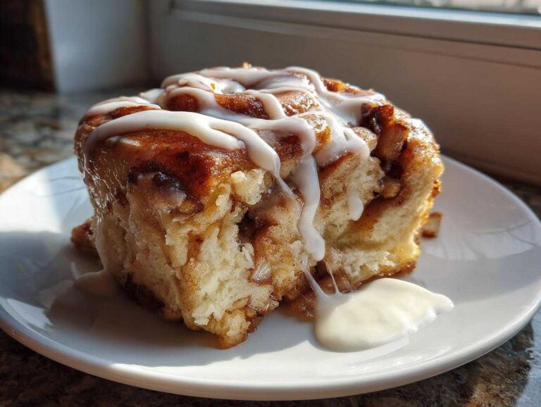 A close-up of a single serving of cinnamon roll apple pie, heavily drizzled with white icing.