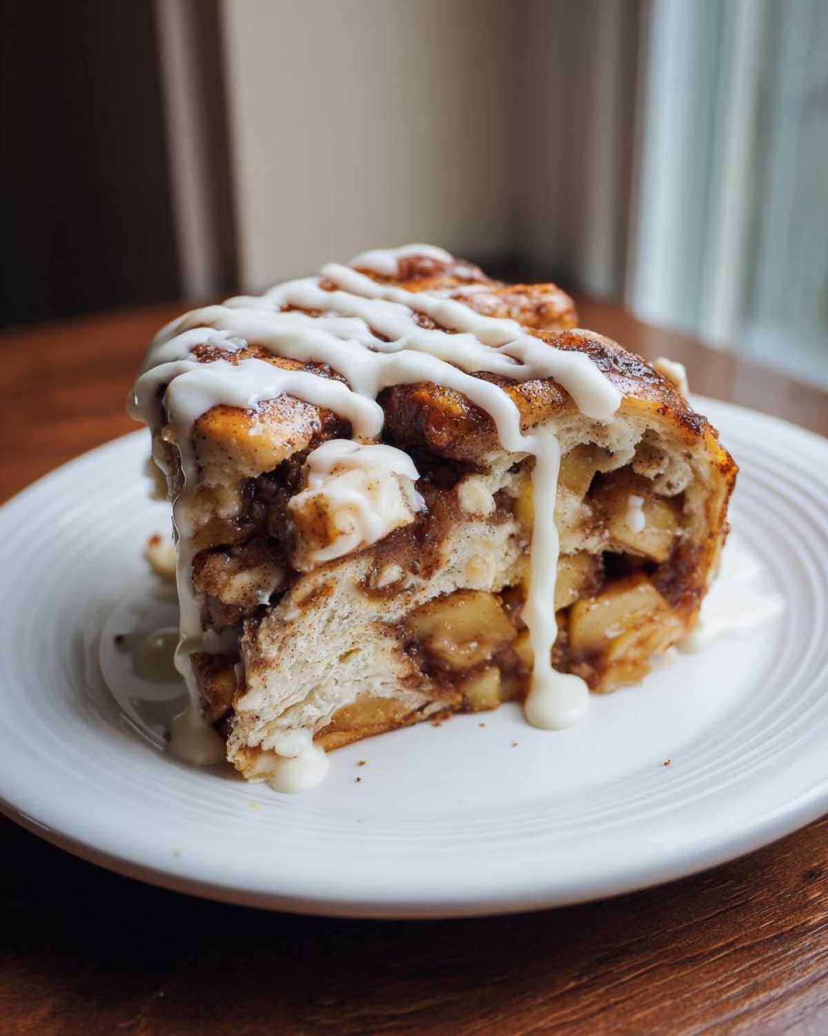 A decadent slice of cinnamon roll apple pie topped with thick white icing drizzled over the cinnamon-swirled layers.