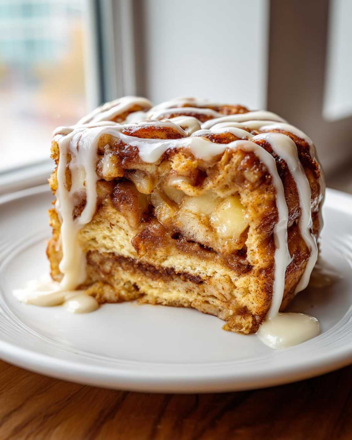 Close-up of a slice of cinnamon roll apple pie topped with thick white icing, served on a white plate.