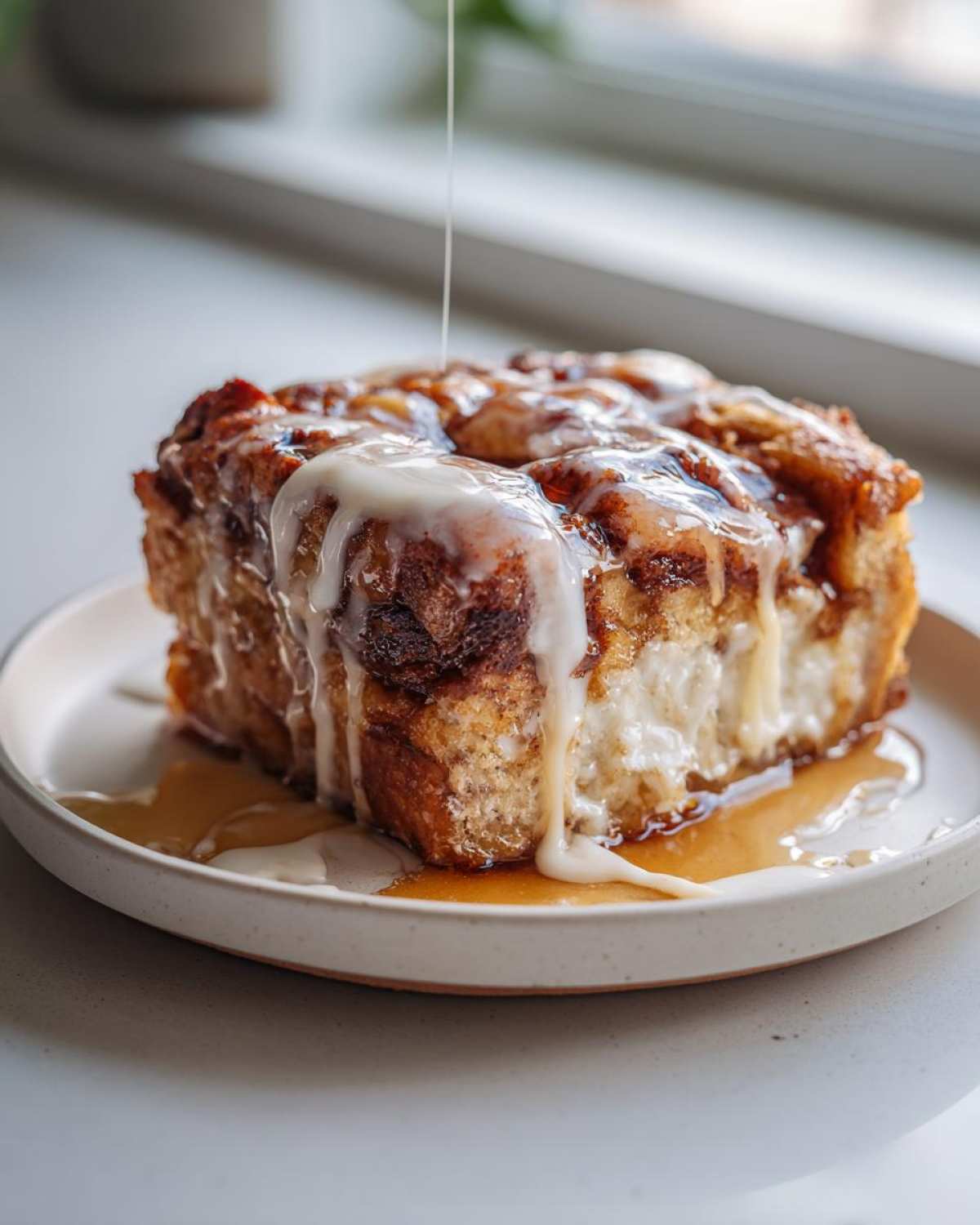A thick slice of cinnamon roll french toast being drizzled with white icing on a light plate.