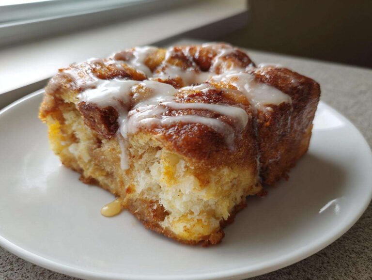 A close-up of a square serving of cinnamon roll french toast, drizzled with white icing, on a white plate.