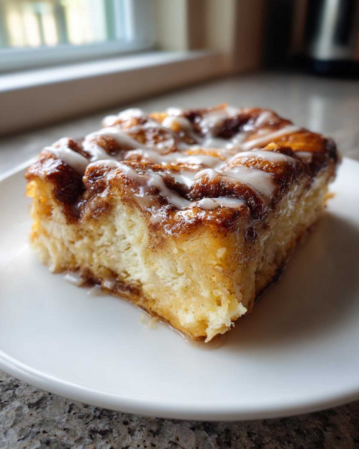 A close-up of a single serving of cinnamon roll french toast, drizzled with white icing.