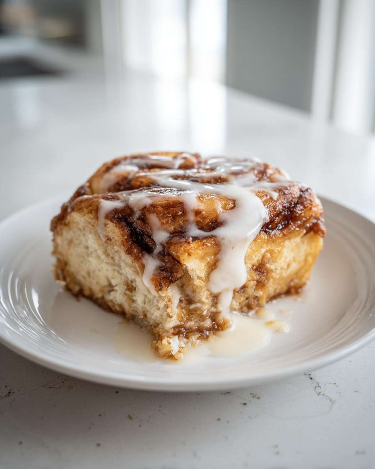 A close-up of a slice of cinnamon roll french toast topped with thick white icing dripping onto the plate.