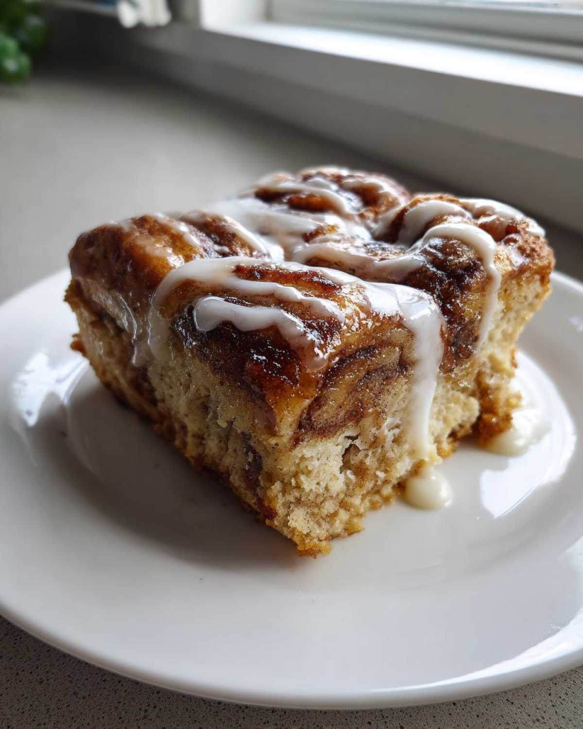 A square serving of cinnamon roll french toast drizzled with white icing on a white plate.