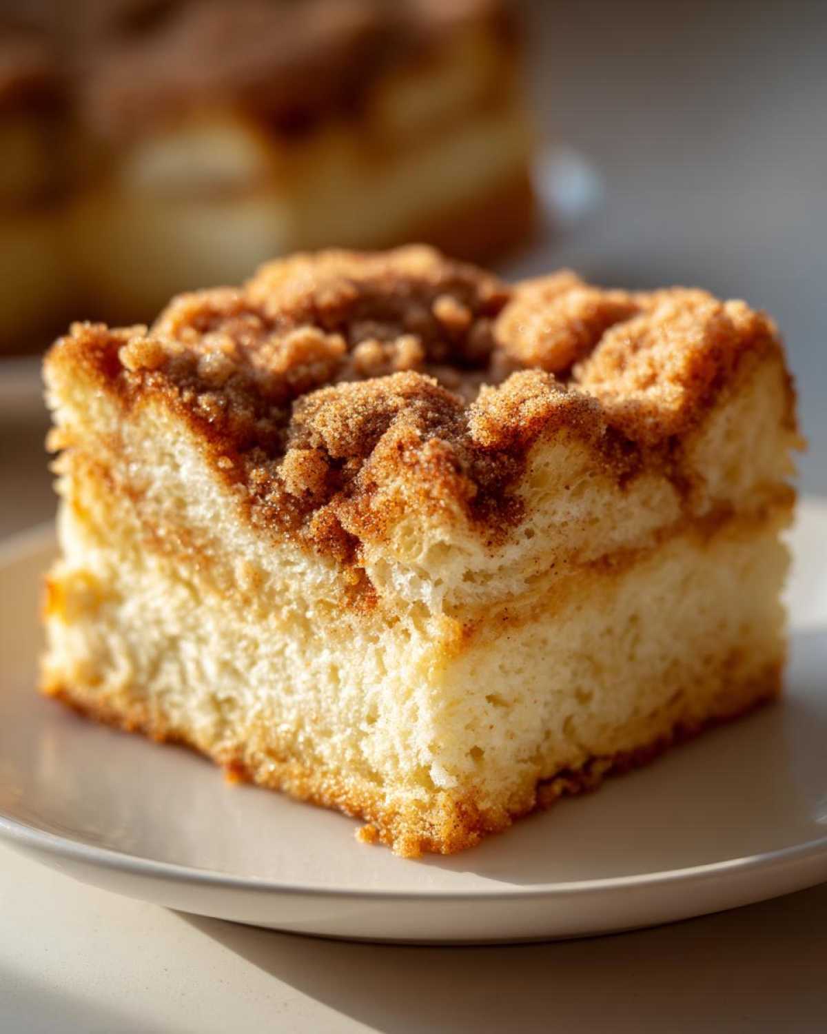 A thick, square slice of baked french toast with a rich cinnamon streusel topping served on a white plate.