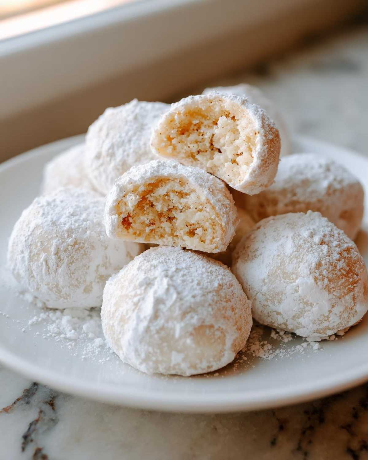 A stack of freshly baked cinnamon sugar snowball cookies heavily dusted with powdered sugar, one cookie is broken open.