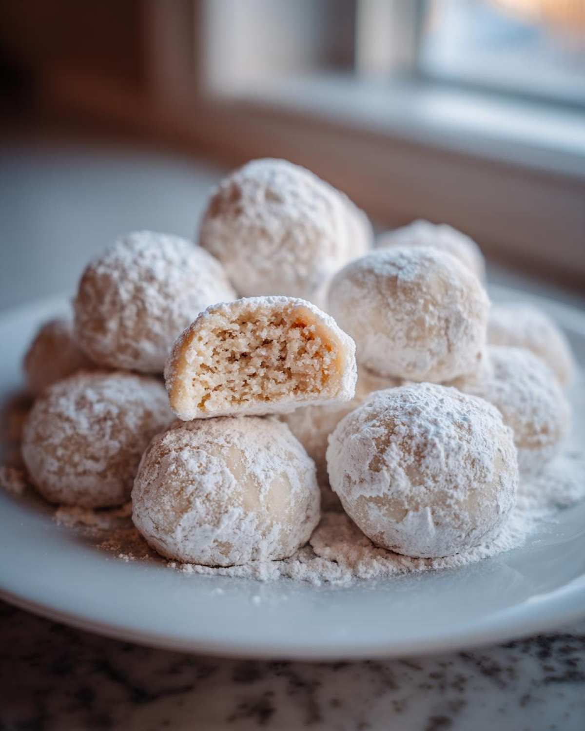 A pile of soft cinnamon sugar snowball cookies heavily dusted with powdered sugar, one broken open to show the texture.
