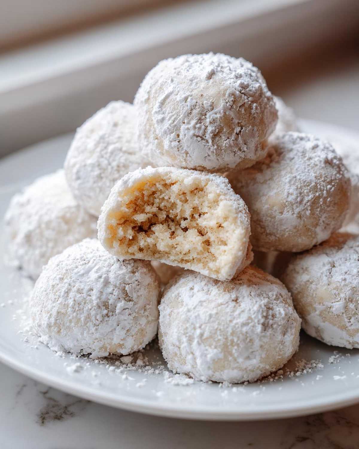 A stack of powdery cinnamon sugar snowball cookies on a white plate, one cookie is broken open showing the soft interior.