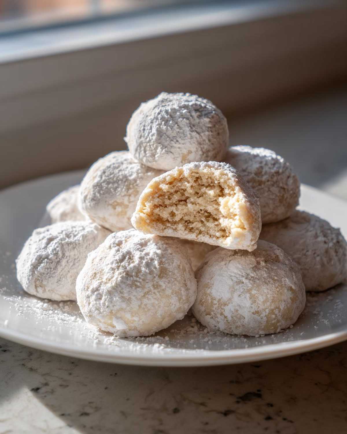 A stack of delicious cinnamon sugar snowball cookies heavily dusted with powdered sugar, one cookie is broken open.