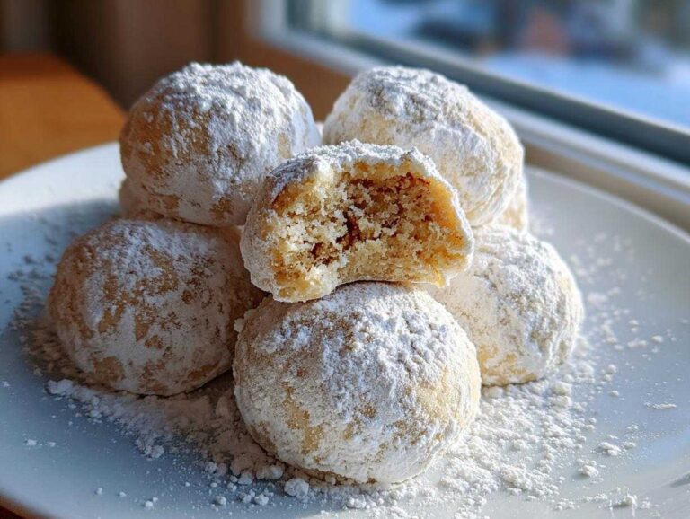 A stack of five powdered sugar-dusted cinnamon sugar snowball cookies, one broken open to show the texture.