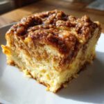 A close-up, tempting slice of baked french toast featuring a thick, gooey cinnamon-sugar topping.