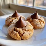 Three freshly baked peanut butter kiss cookies rolled in sugar, each topped with a milk chocolate kiss.