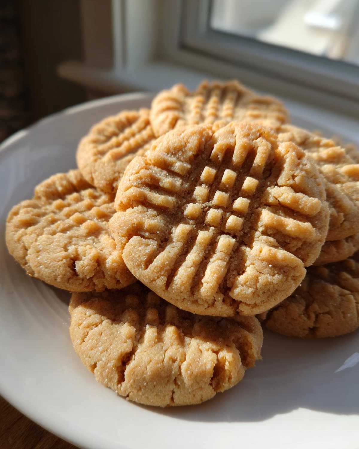 A stack of freshly baked peanut butter cookies showing the classic criss-cross fork marks, illuminated by sunlight.