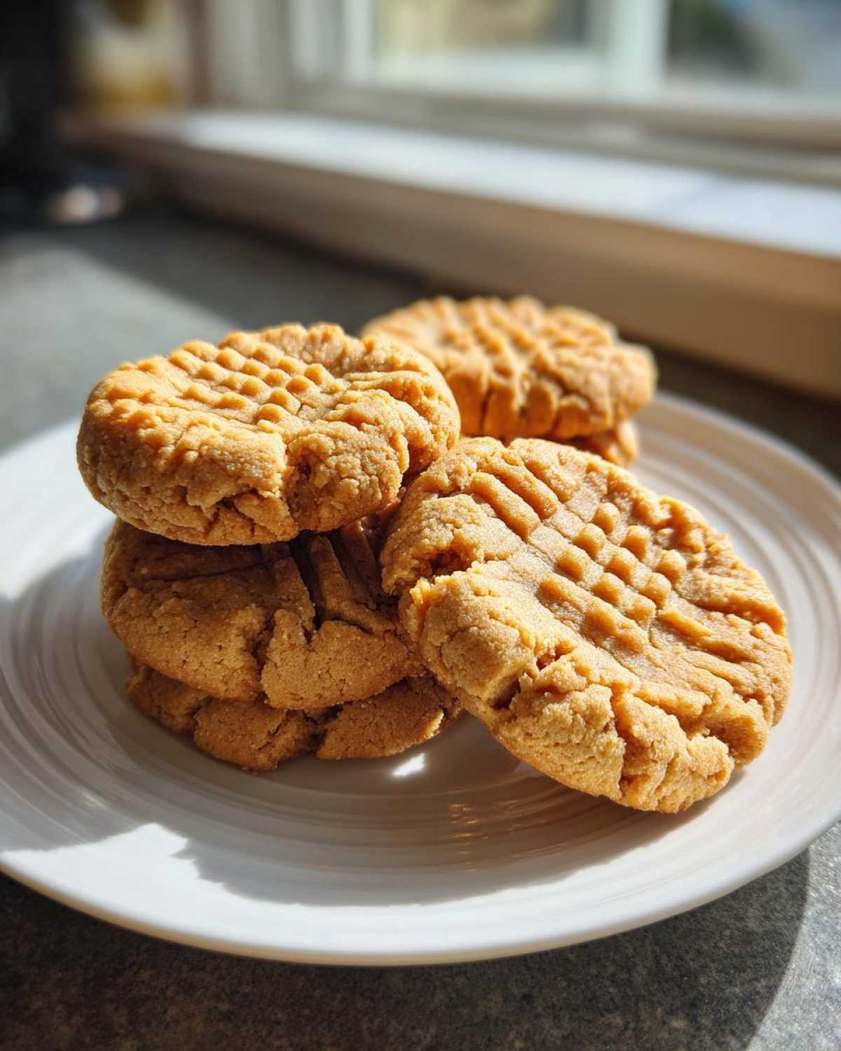 A stack of freshly baked peanut butter cookies featuring the classic criss-cross fork marks, sitting on a white plate.