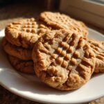 A close-up shot of a stack of freshly baked peanut butter cookies featuring classic crosshatch fork marks.
