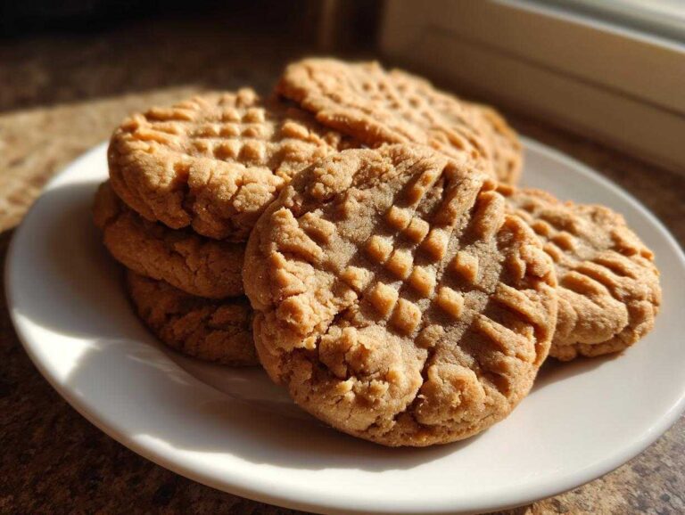 A close-up shot of a stack of freshly baked peanut butter cookies featuring classic crosshatch fork marks.