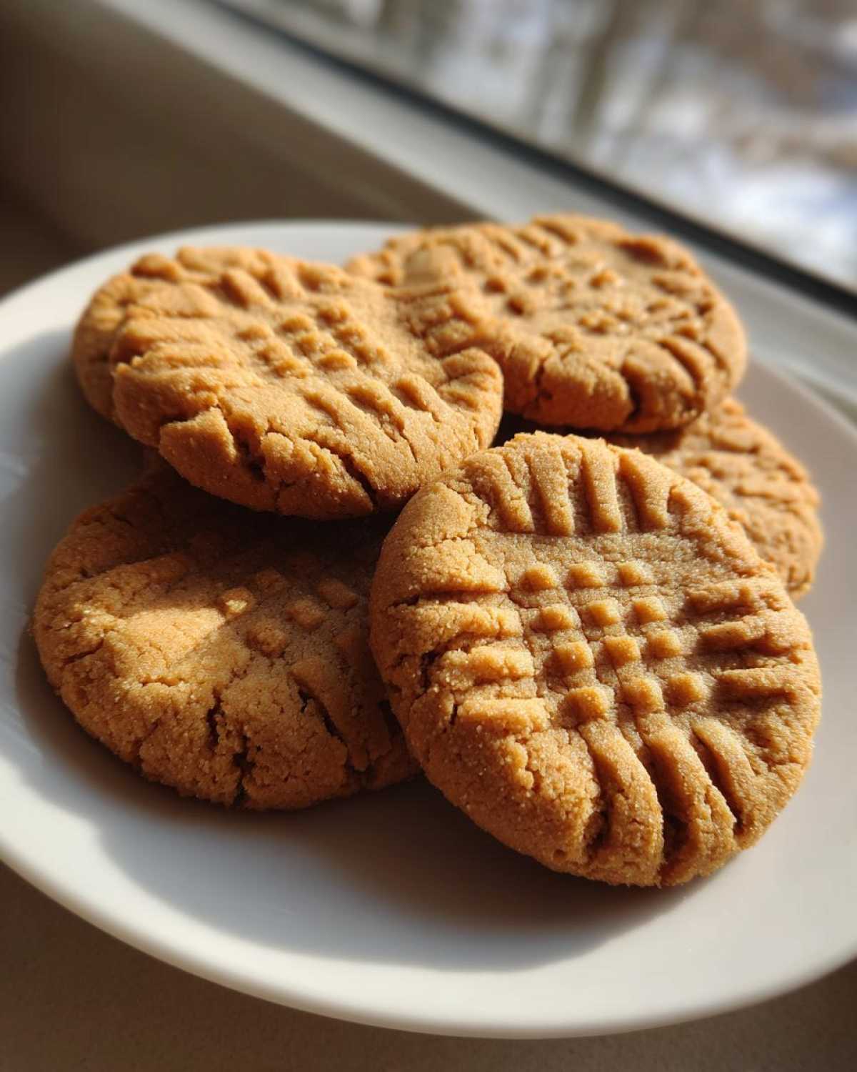 A stack of four golden brown peanut butter cookies featuring classic crosshatch fork marks, sitting on a white plate.