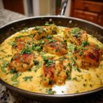 Six pieces of pan-seared coconut lime chicken simmering in a creamy, yellow sauce and topped with fresh cilantro.
